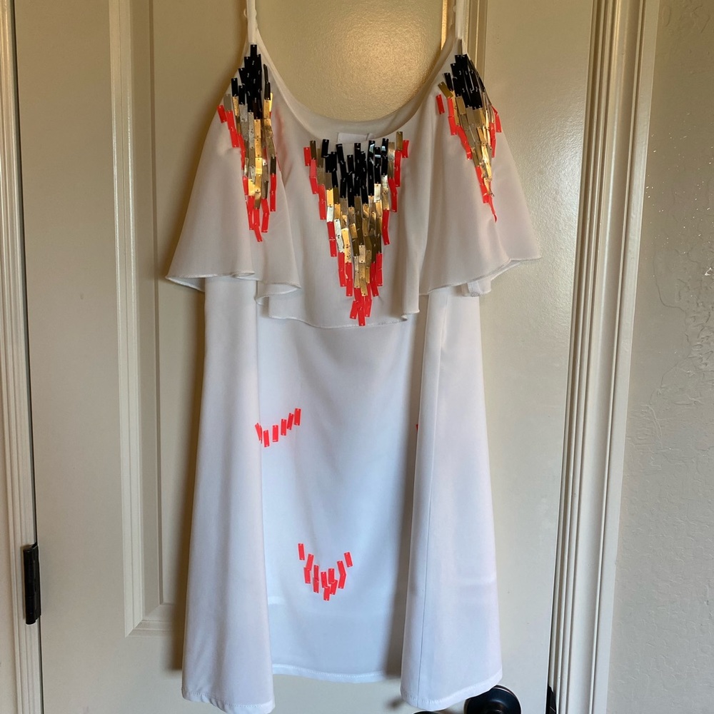 Mini White Dress with Aztec Sequin Design